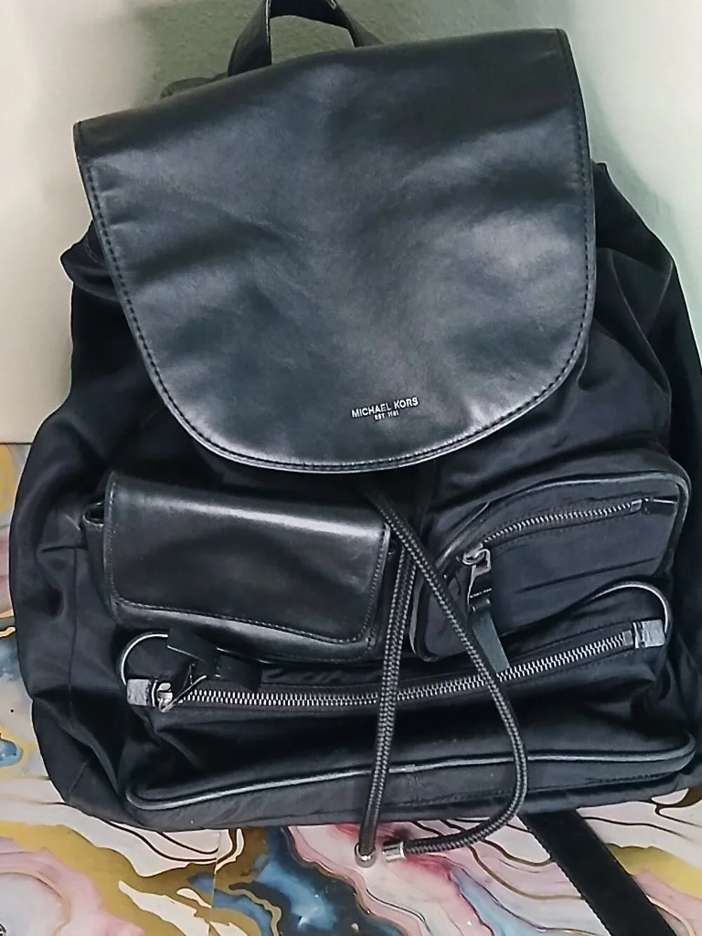 Michael Kors Black Nylon & Leather Utility Multi-Pocket Backpack